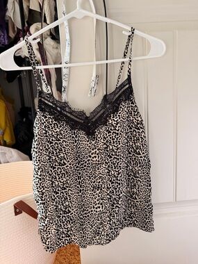 Leopard Print Lace Trim Cami Tank - Black & Cream